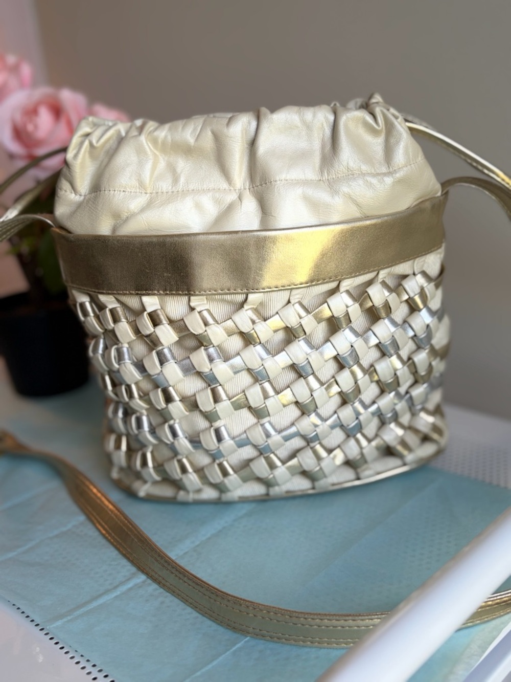 Cream & Gold Woven Drawstring Crossbody Bag